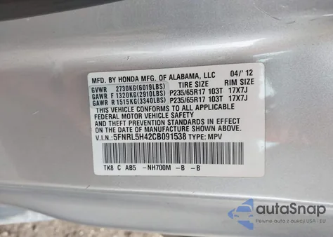 2012 Honda Odyssey Ex z USA, uszkodzony, nr VIN 5FNRL5H42CB091538
